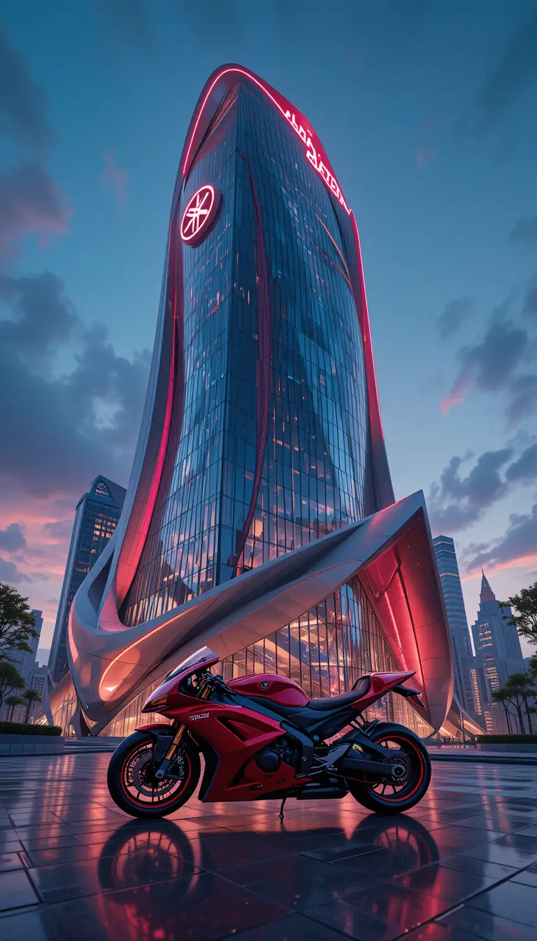 Futuristic Yamaha racing tower with neon lit glass facade