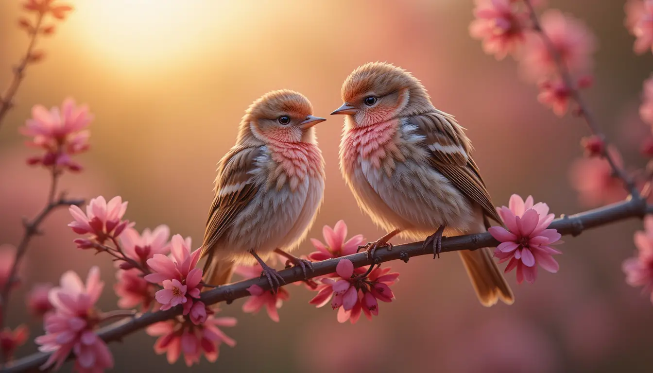 Two nightingales on a delicate cherry blossom branch