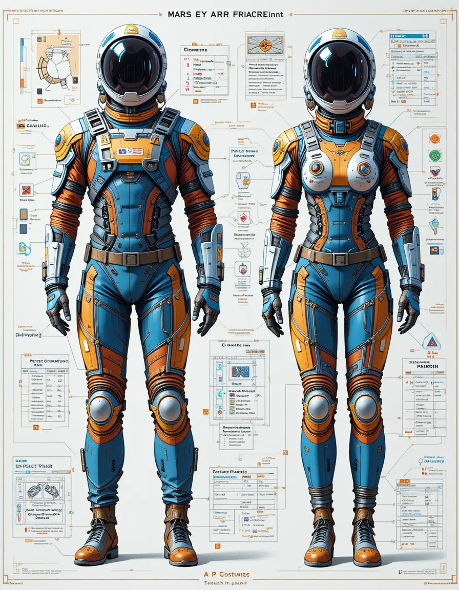 Colorful technical concept art of mars space suit design