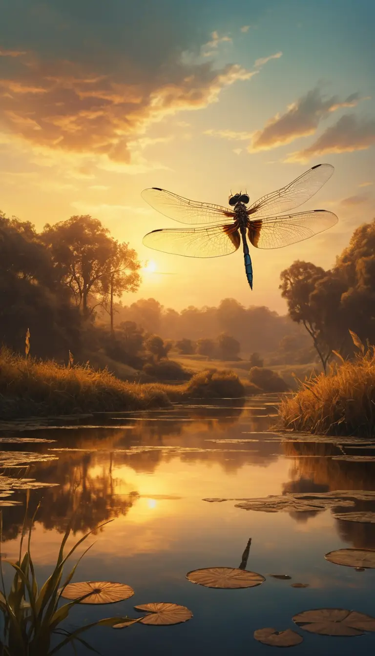 Dragonfly Flying In Golden Sunset Over Dreamy Landscape