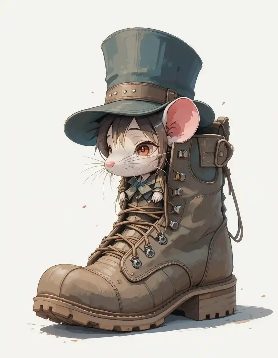 Dolce topolino chibi che sbircia da uno scarponcino da trekking consumato