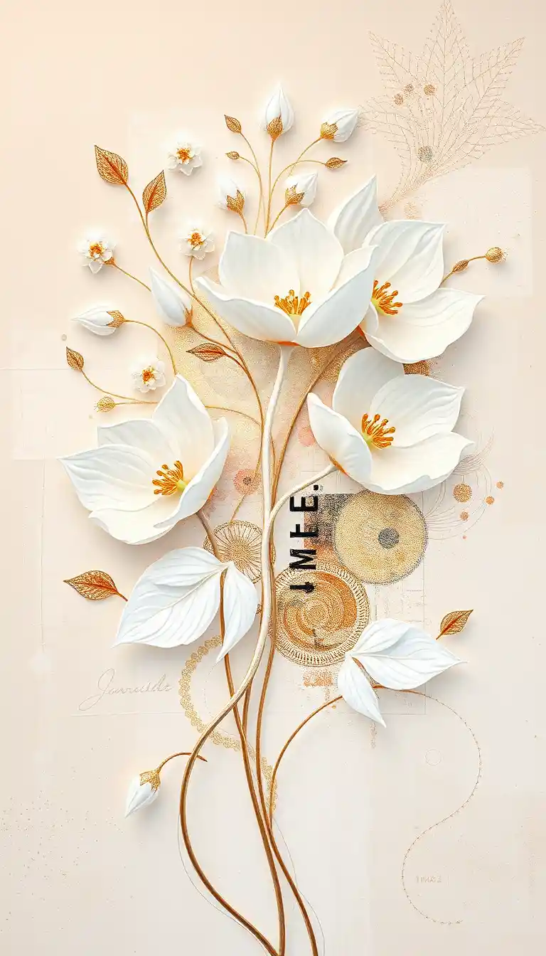 Ethereal abstract botanical art in white and gold tones