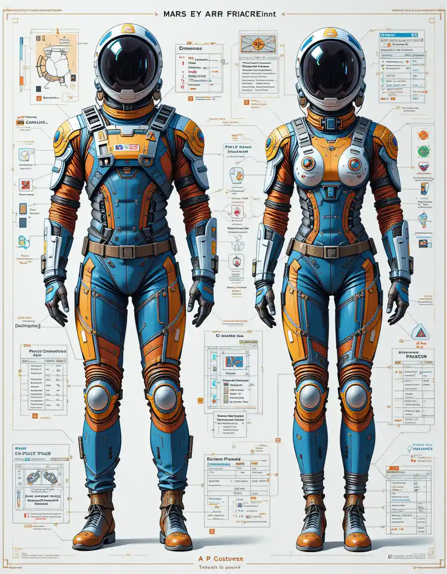 Farbenfrohe technische Konzeptkunst eines Mars-Raumanzug-Designs