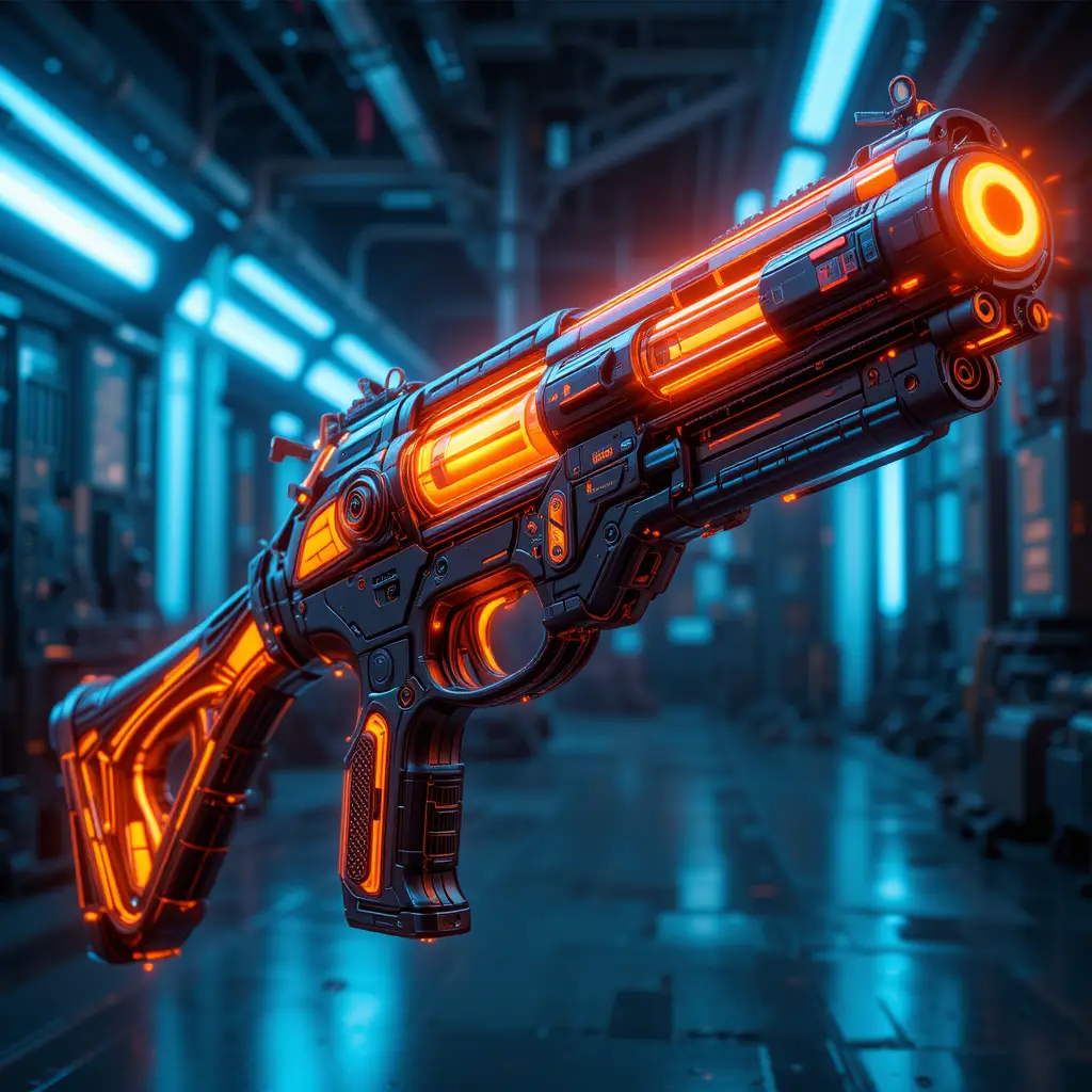 Pistola al neon futuristica con dettagli sci‑fi cyberpunk
