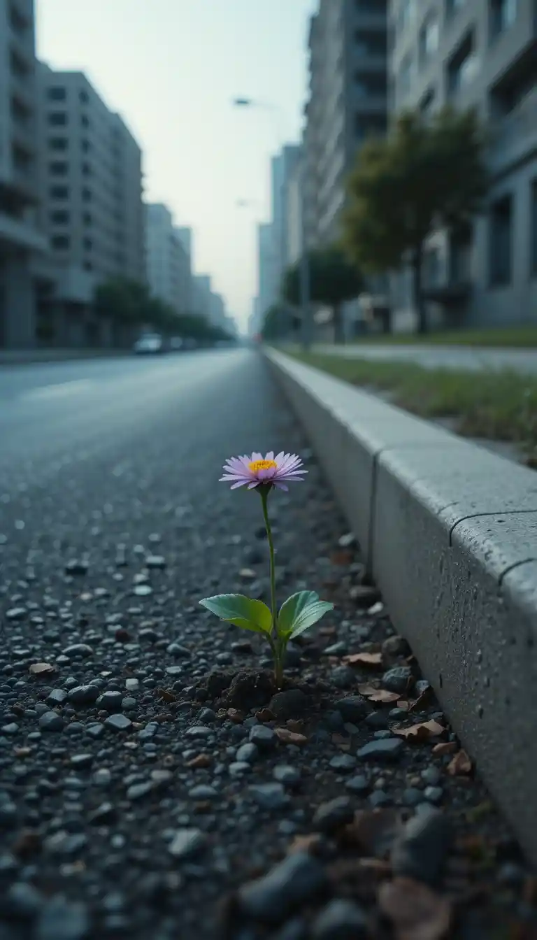 Flower Growing Through Asphalt On A Quiet City Street