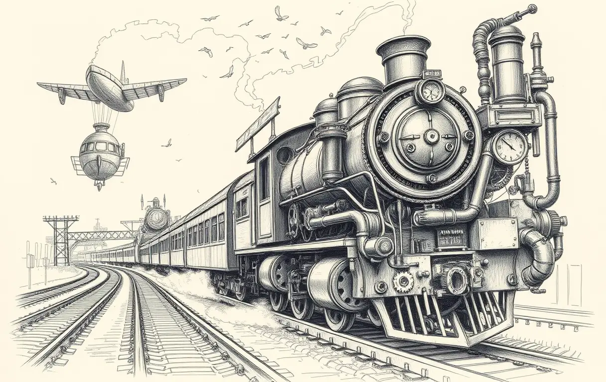 Steampunk train arriving in a victorian industrial city