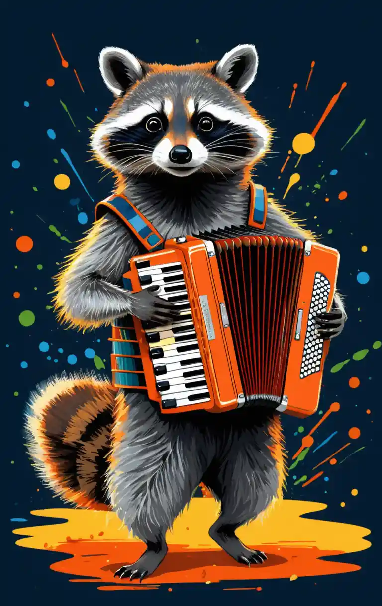 Dancing raccoon playing a colorful accordion illustration