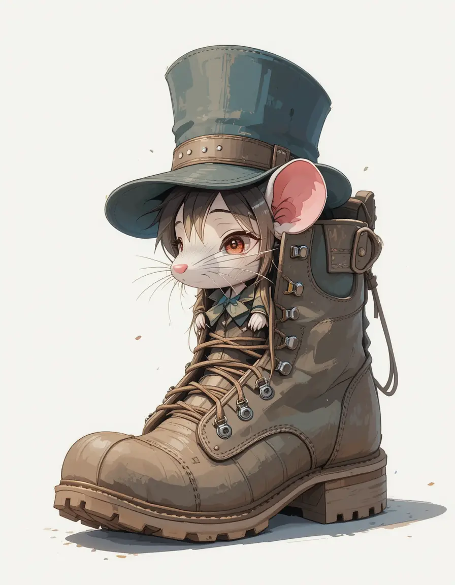 Cute chibi mouse peeking from a worn hiking boot