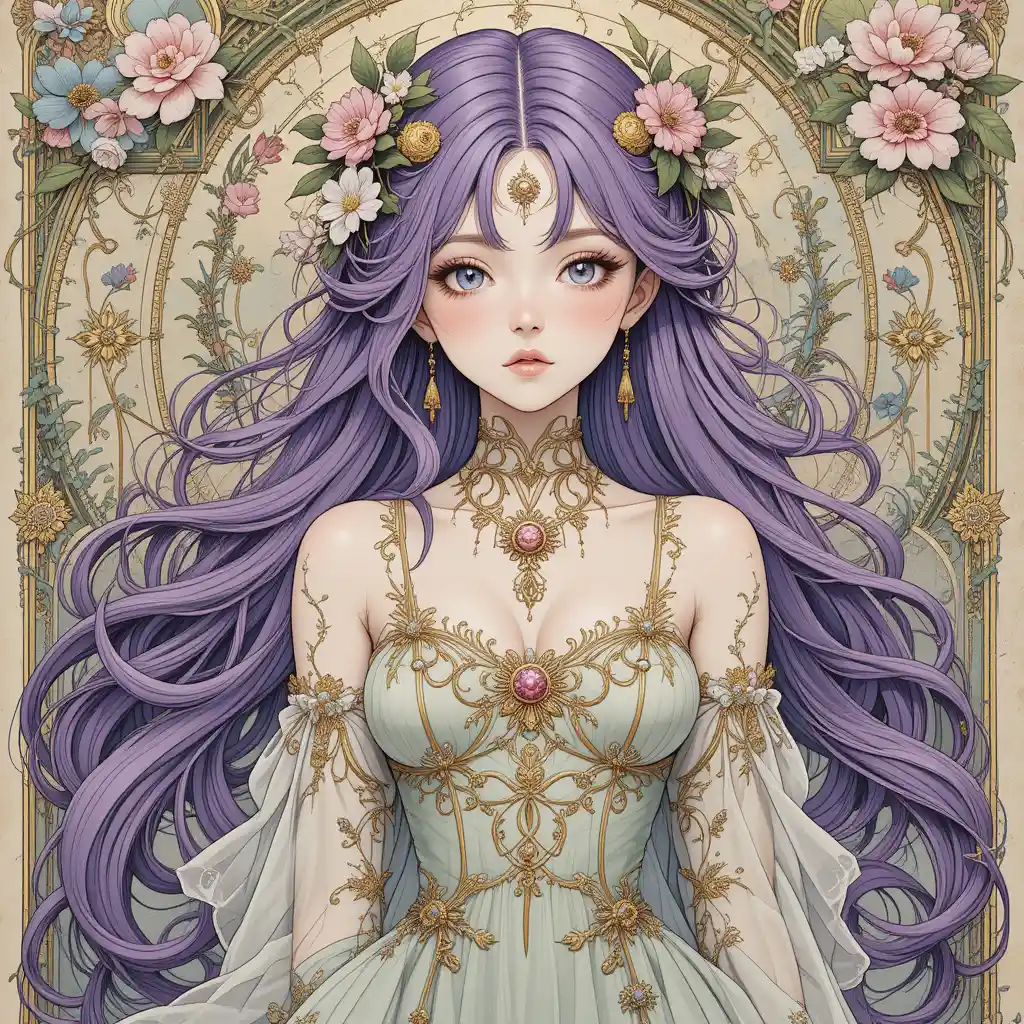 Anime girl with long purple hair in fantasy illustration