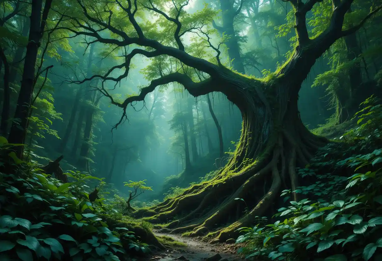 Ancient mossy forest with ferns and filtered golden light