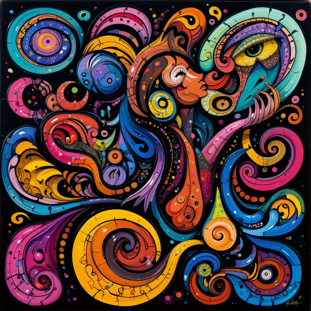 Colorful psychedelic folk art painting with swirling shapes