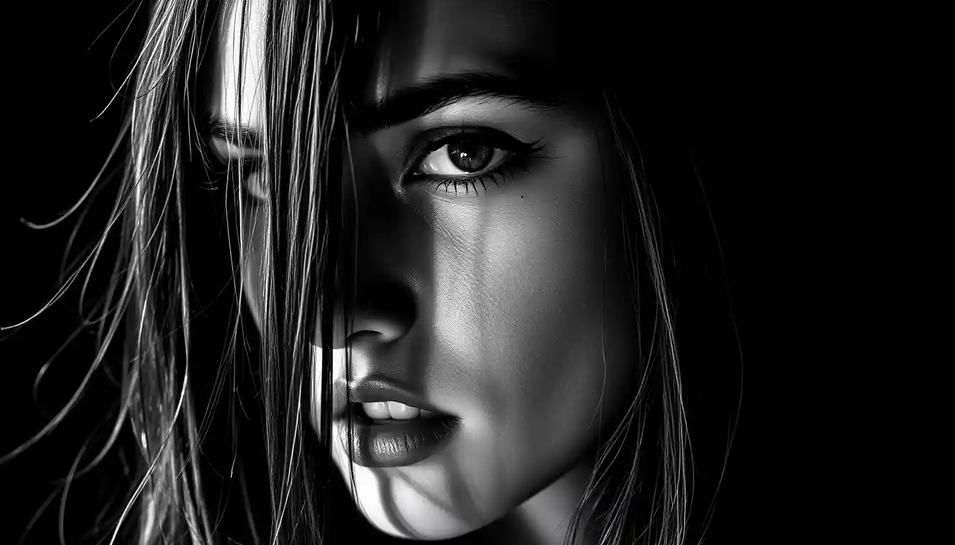 Black and white close up portrait of a thoughtful woman