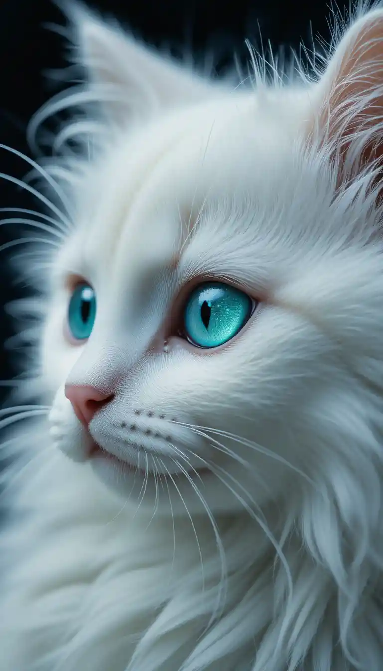 Close up portrait of a white kitten with luminous eye