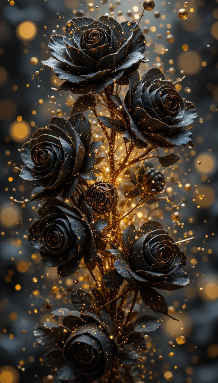 Black roses with golden particles and complex shimmering light