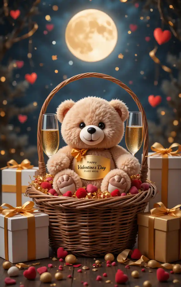 Teddy bear gift basket with champagne under starry night