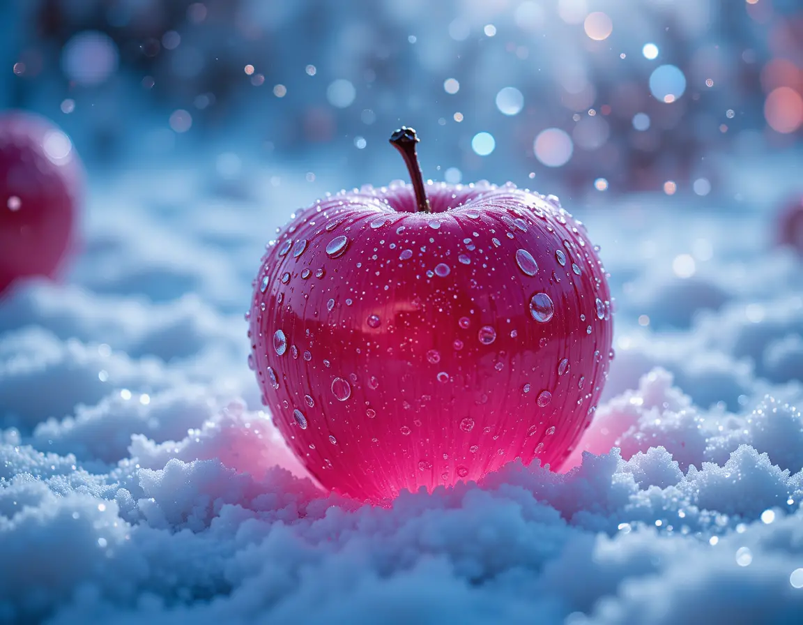 Neon pink apples in snow with glistening water droplets