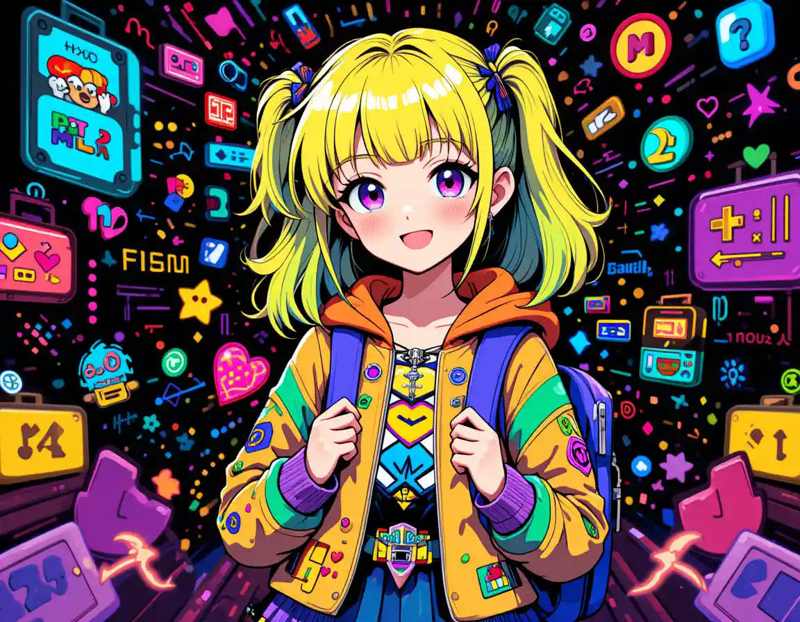 Colorful anime girl with playful retro gaming backpack