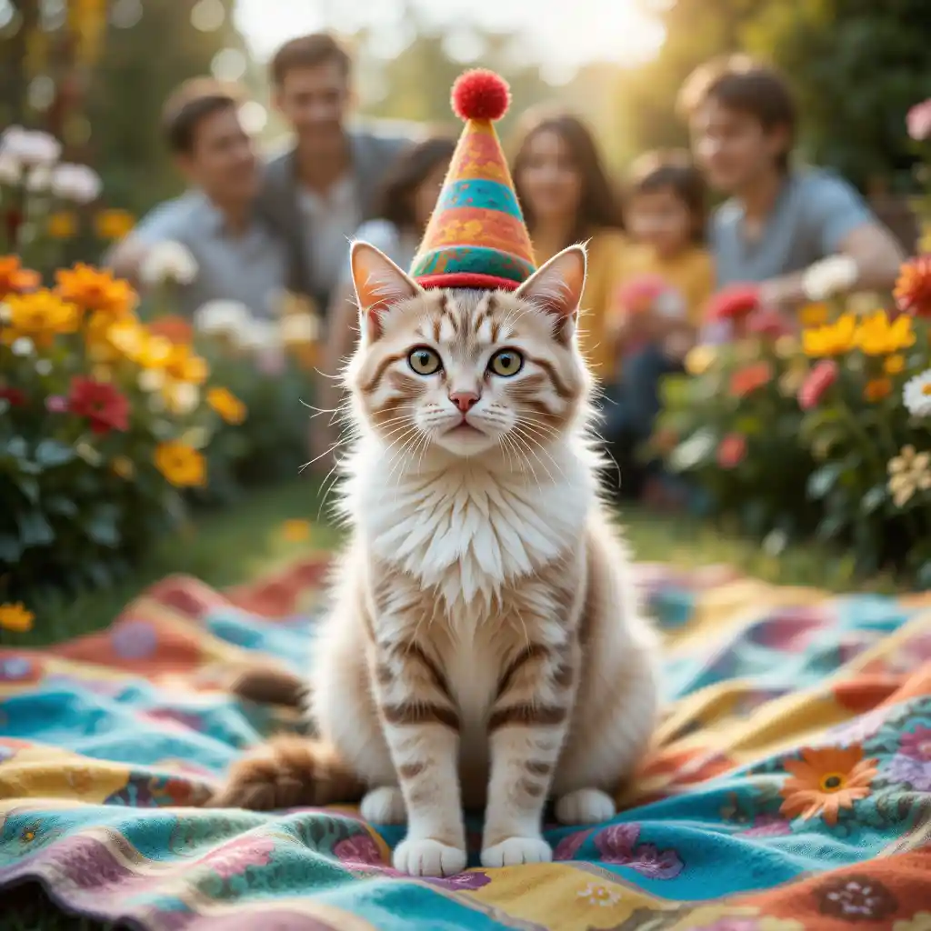 Cat Wearing Clown Hat Sitting On Blanket In Garden