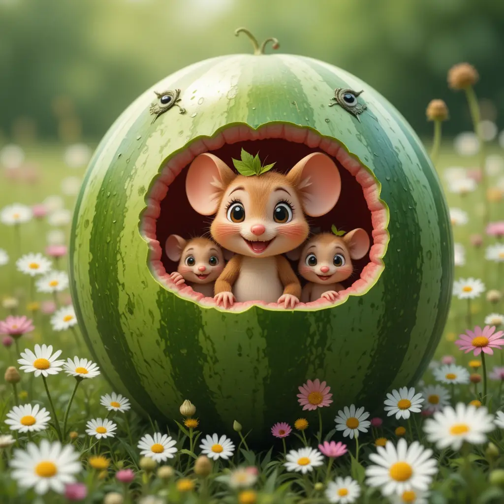 Playful Mouse Family Inside Watermelon In Flower Field