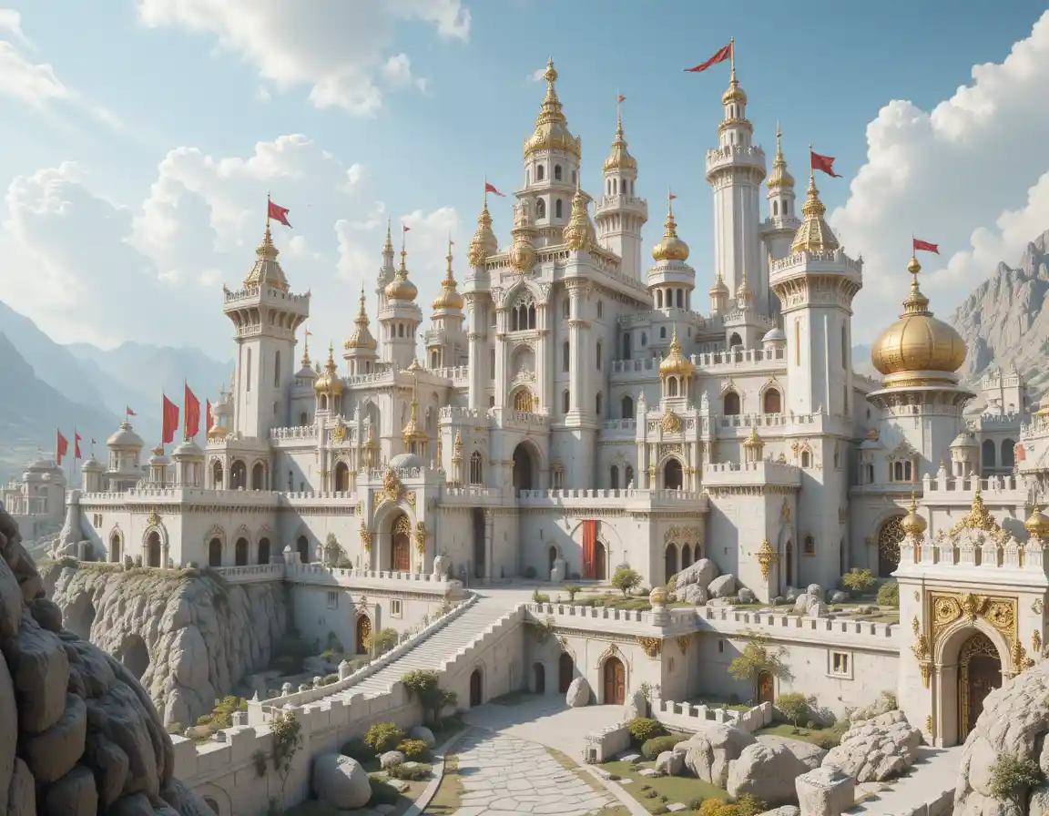 Majestic white stone fortress city with gold and obsidian