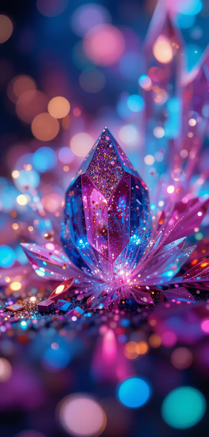 Vibrant crystal color explosion with glitter bokeh