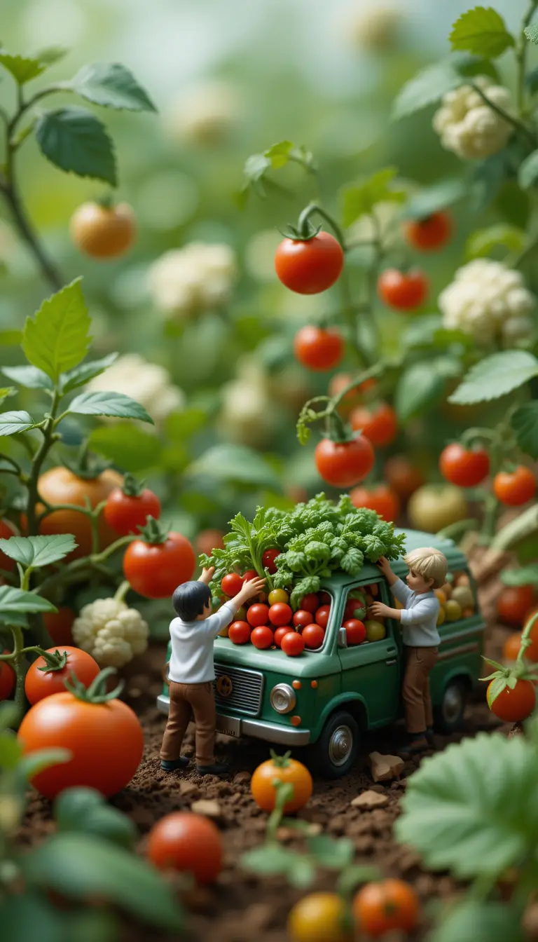 Miniature characters lifting vegetables in a lush garden