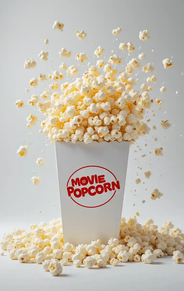 Popcorn box with movie popcorn exploding on white background