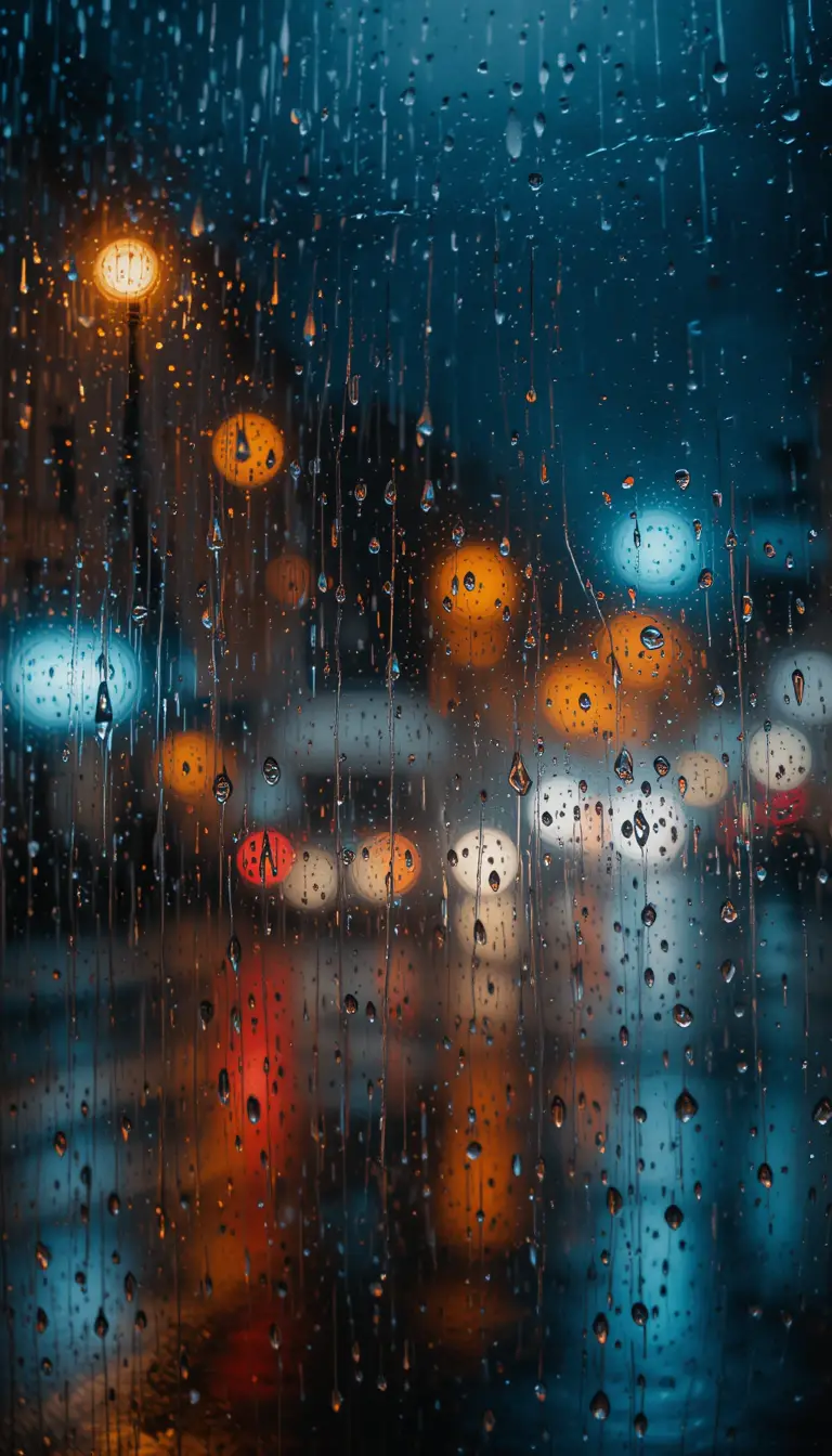 Heavy Rain On A Window Blurring The Night City Lights