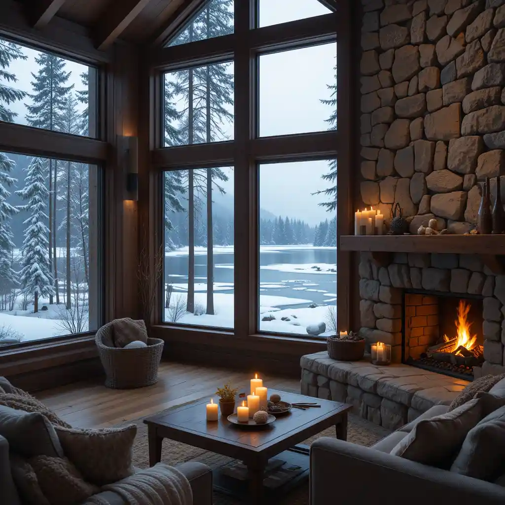 Cozy living room with fireplace and snowy lake view