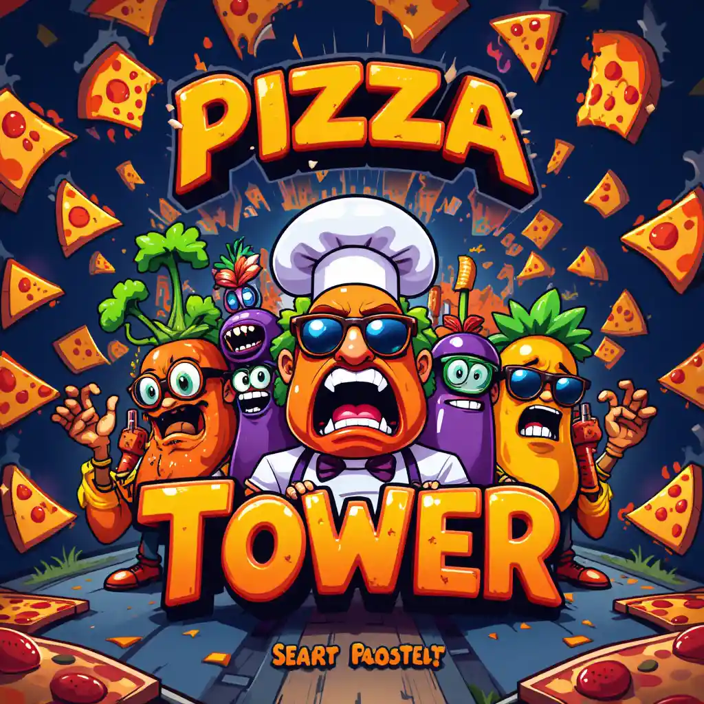 Retro pizza arcade title screen with cartoon characters