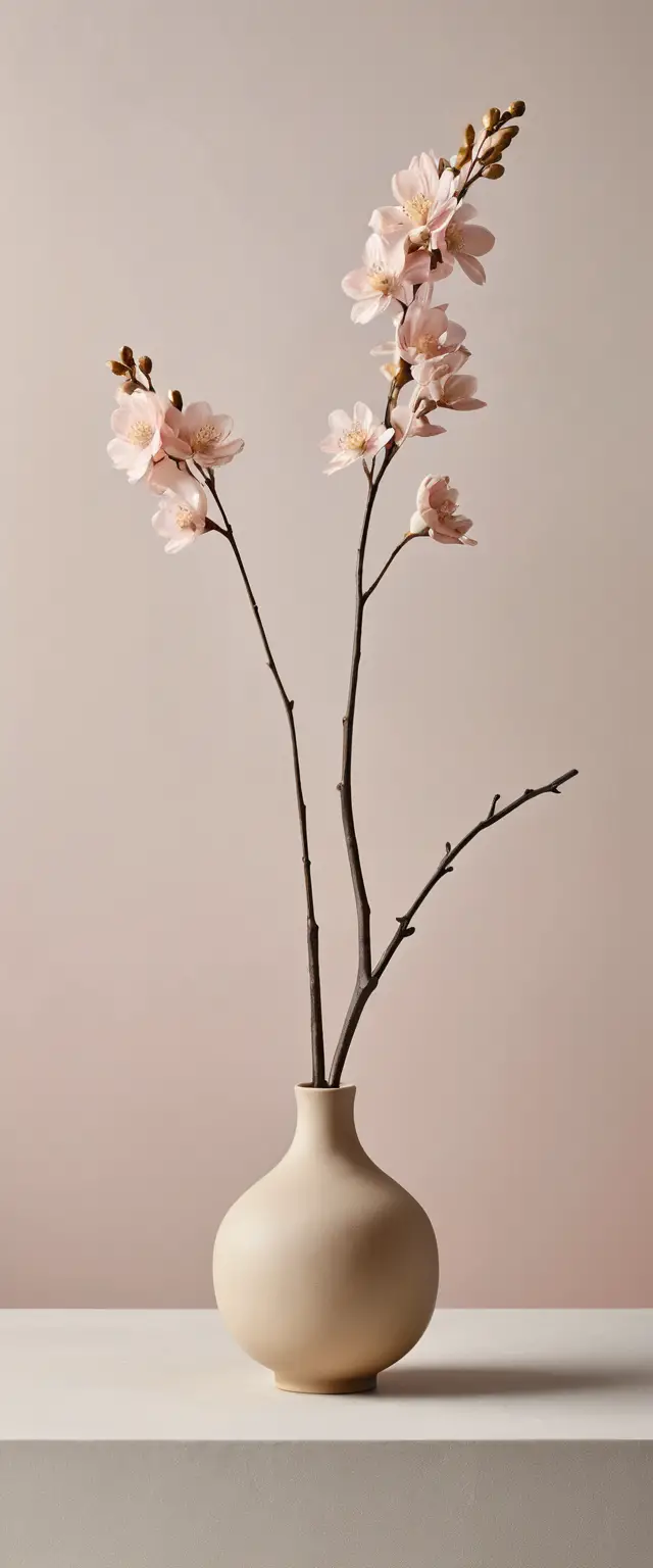 Minimalist vase with blossoming branch on soft background