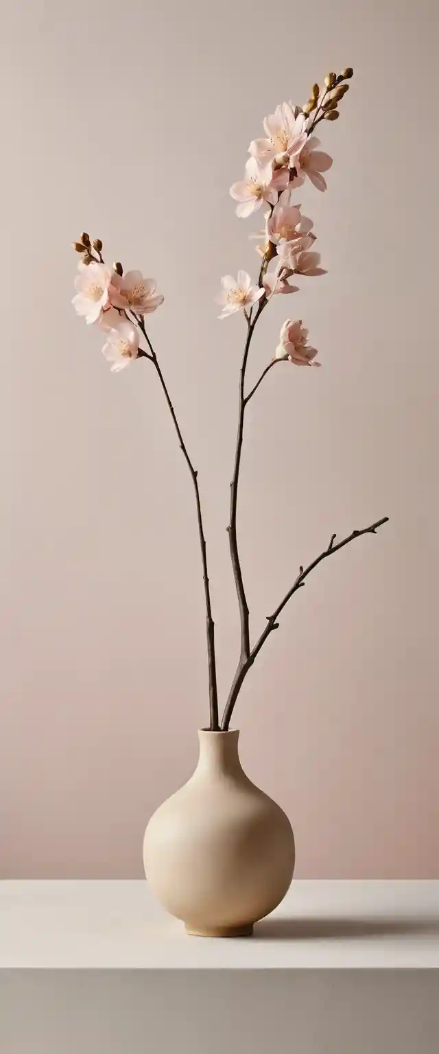 Minimalistische Vase mit blühendem Zweig vor weichem Hintergrund