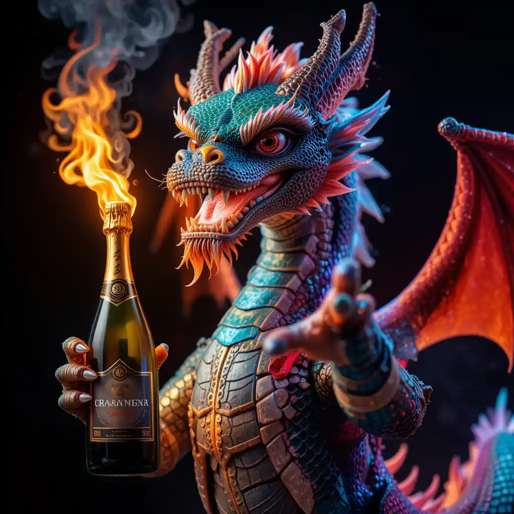 Mascotte di drago realistico con champagne su sfondo nero