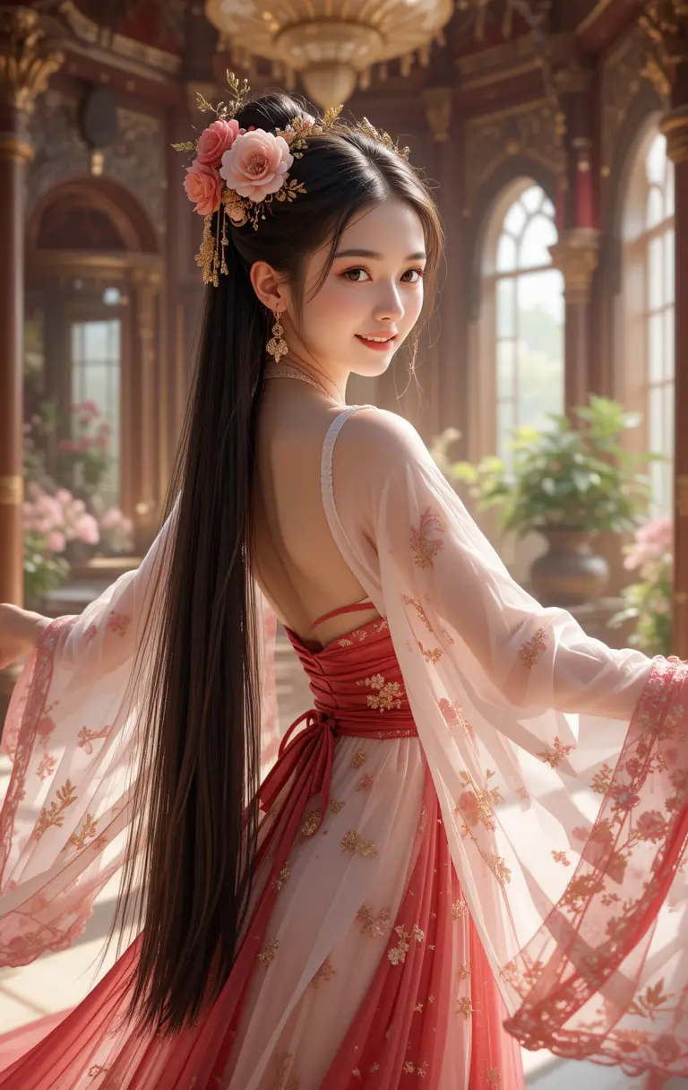 Smiling girl dancing in a sunlit fantasy palace