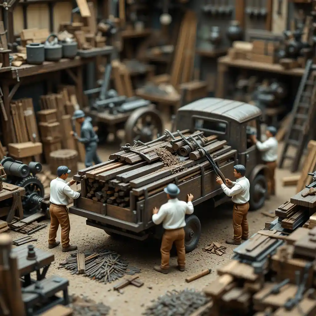 Lavoratori in miniatura che caricano travi metalliche in un'officina affollata