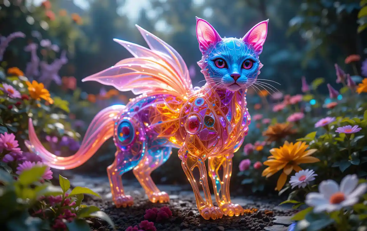 Colorful glass cat with long fins in cyberpunk garden