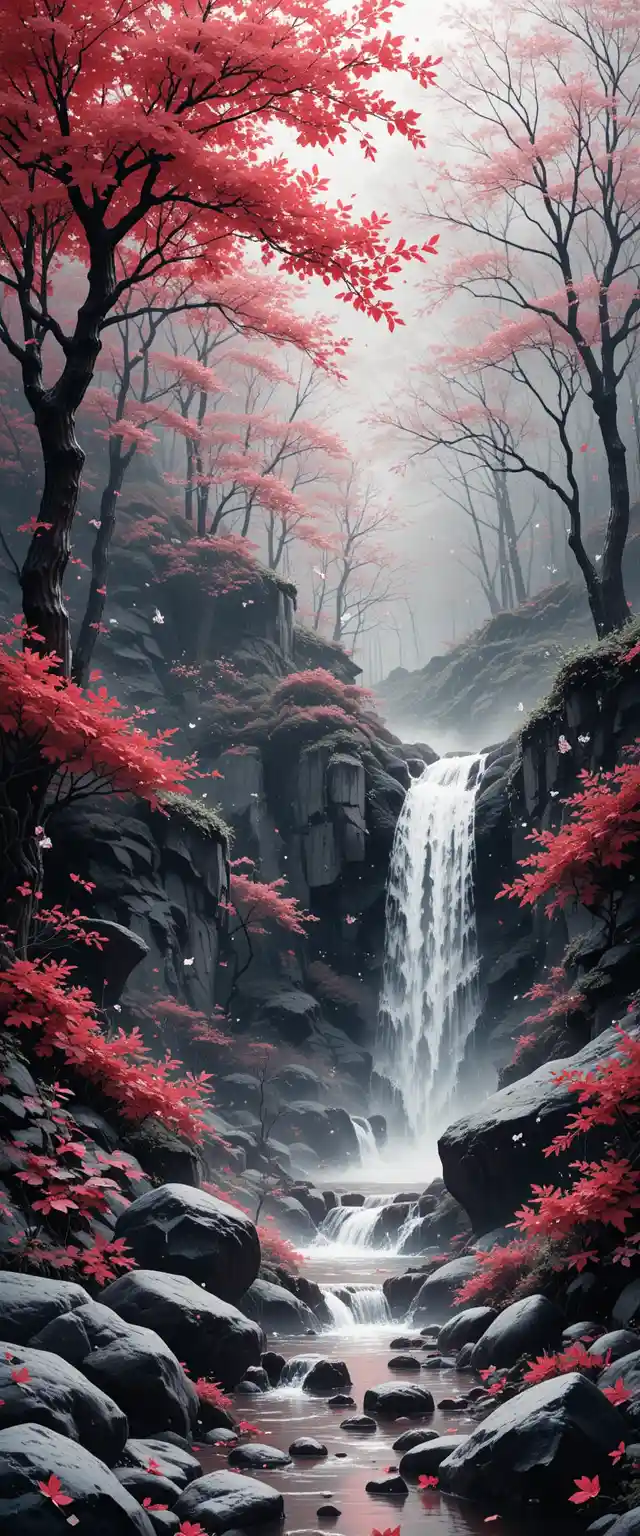 Cascata nel bosco ad acquerello con delicato testo cadente