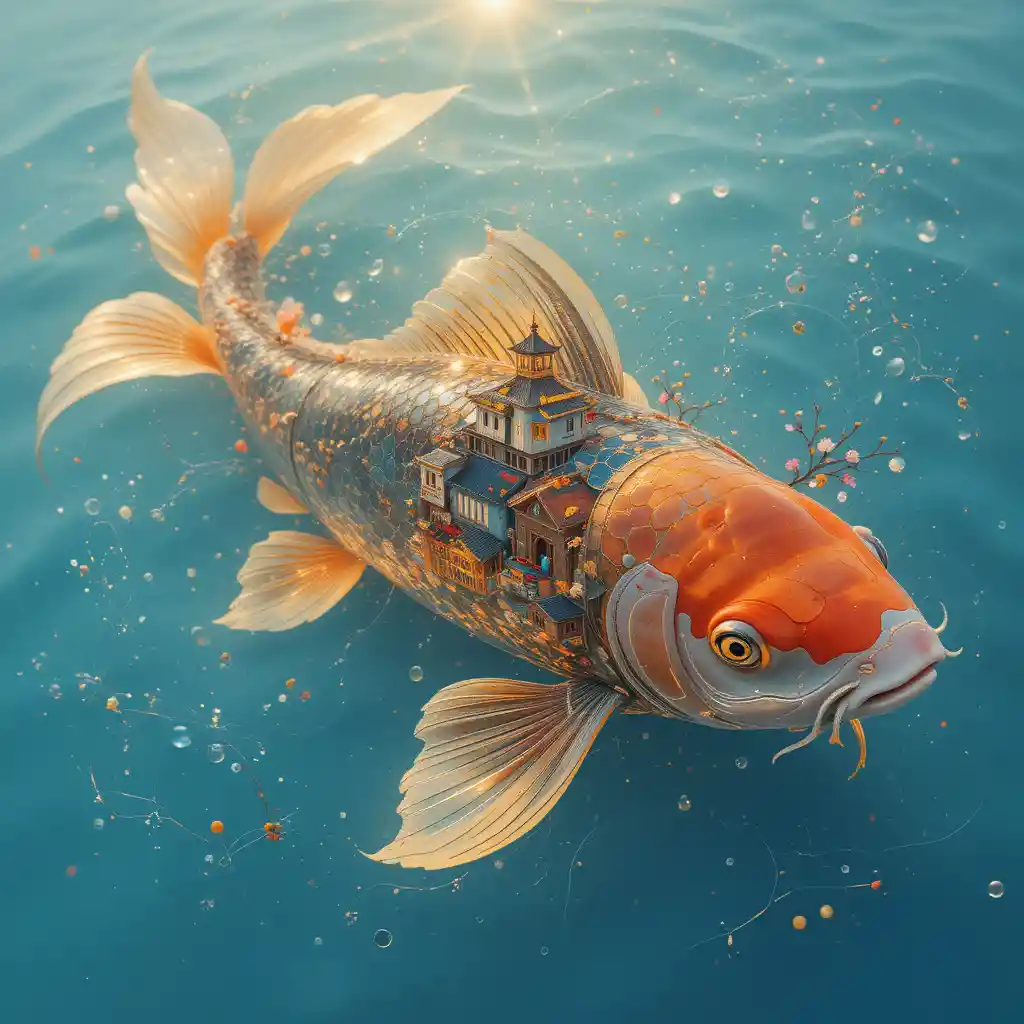 Surreal koi fish with village scales in azure water
