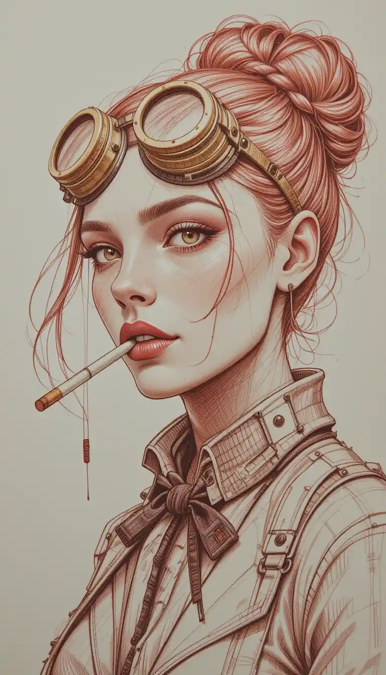 Steampunk woman pencil portrait with industrial goggles