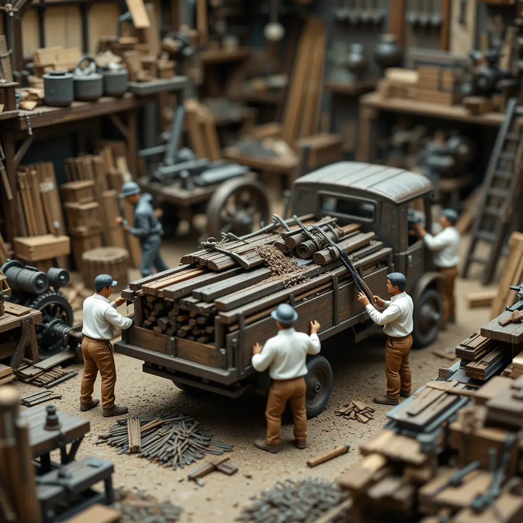 Miniature workers loading metal beams in a busy workshop