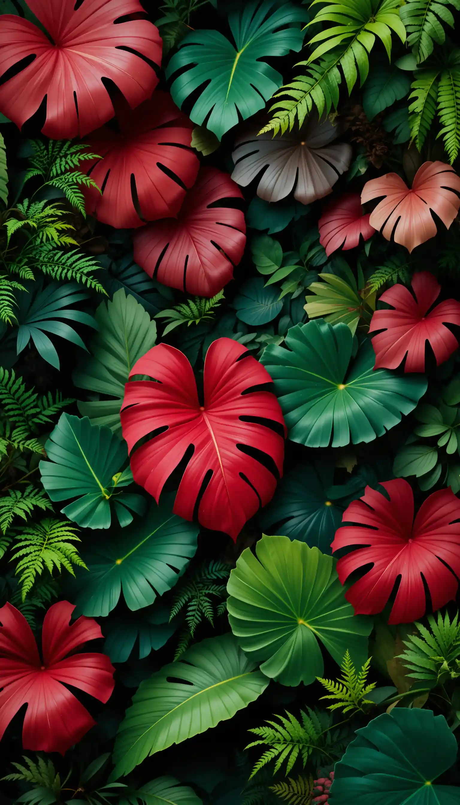 Dense tropical foliage with detailed red and green leaves