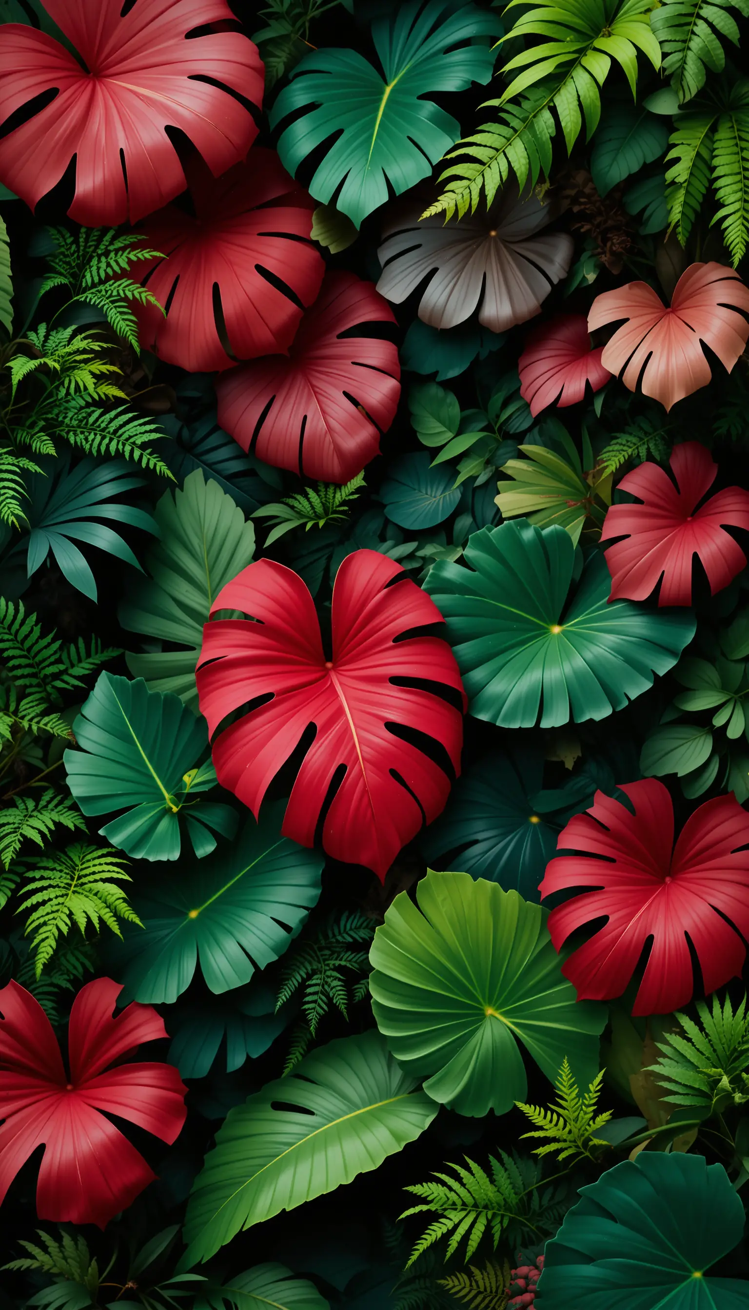 Dense tropical foliage with detailed red and green leaves