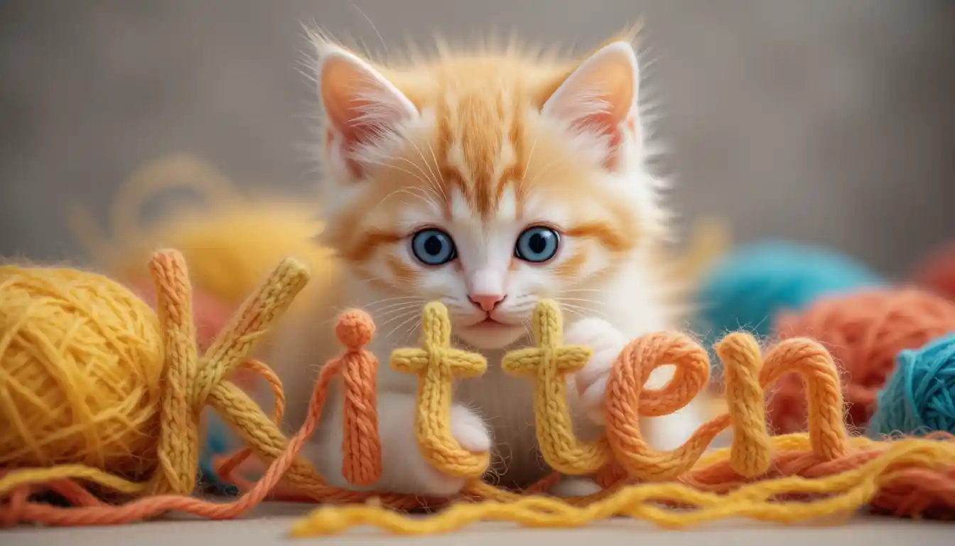 Playful yellow kitten with yarn spelling kitten word