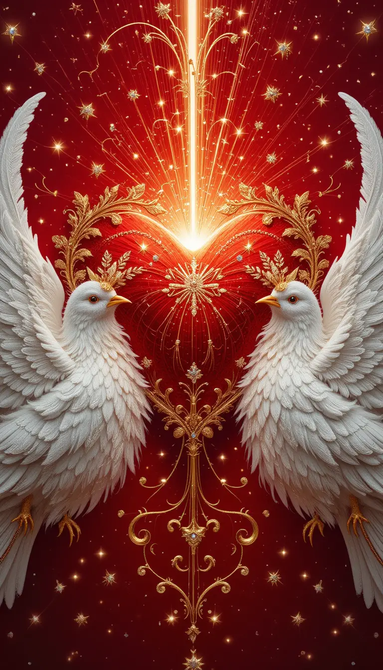 White doves with jeweled red heart in soft glowing light