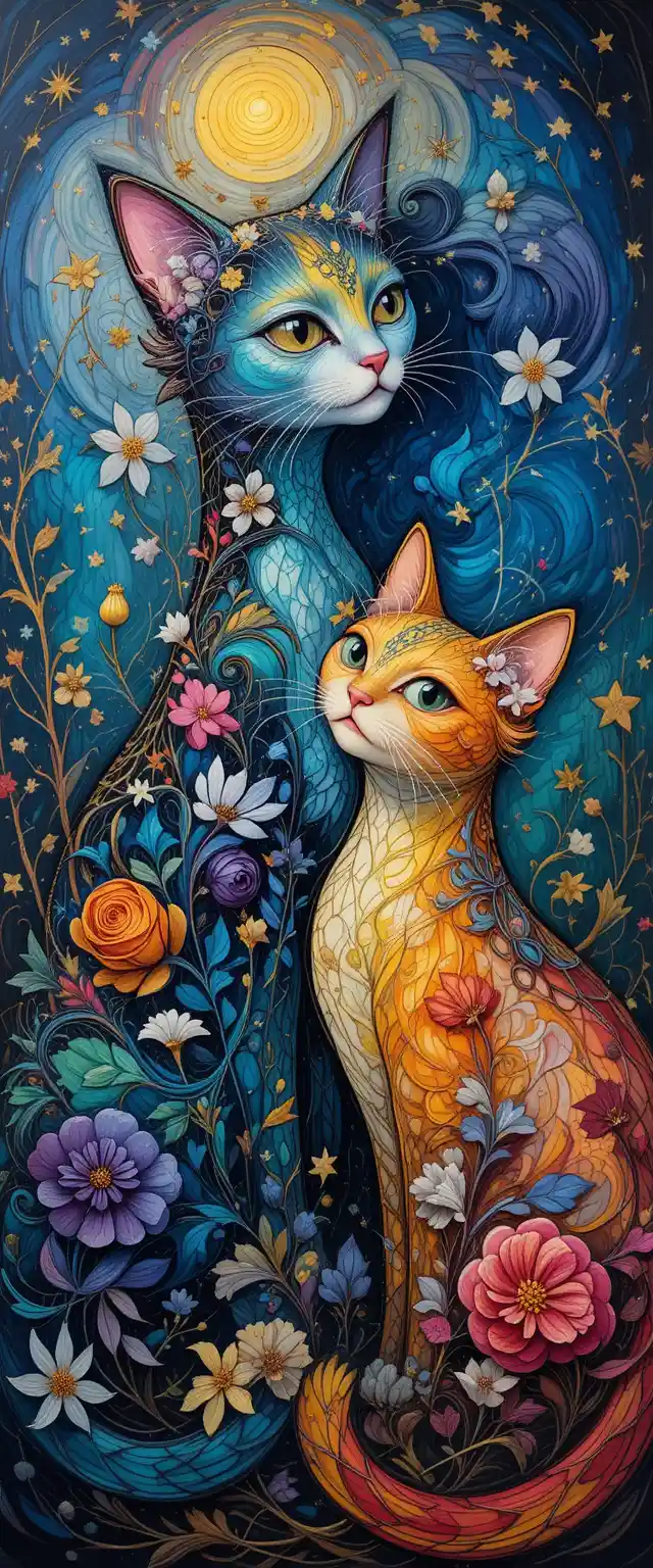 Two abstract cats with vibrant floral swirling patterns