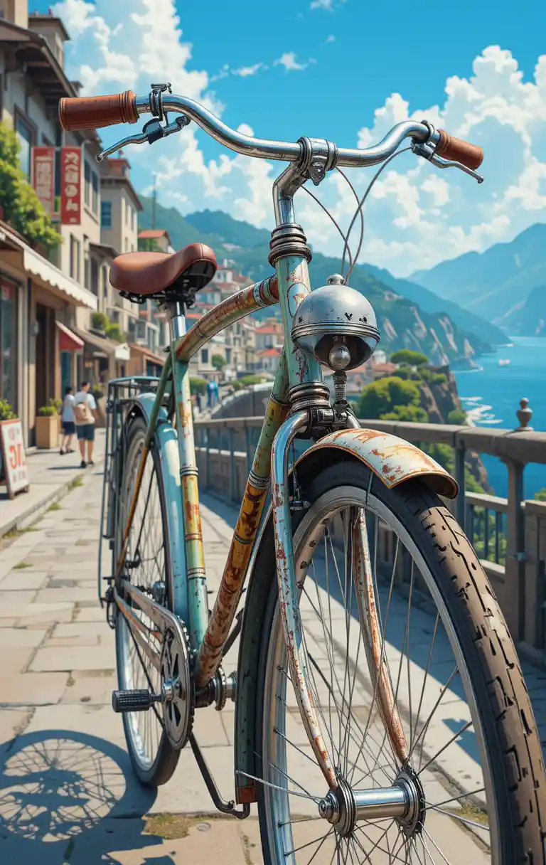 Vintage anime bicycle close up on a sunlit city street
