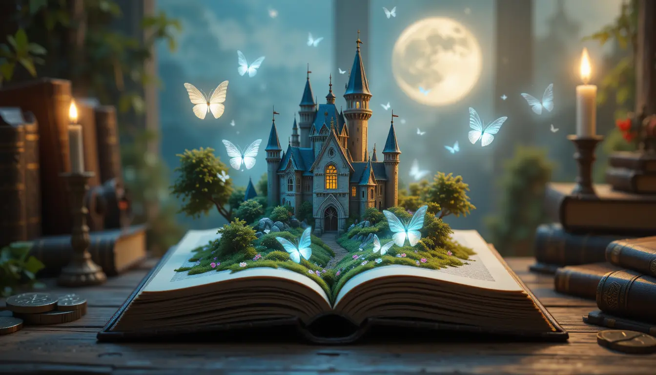 Magical book opening to a tiny castle landscape