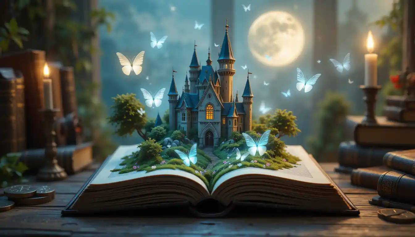 Magical book opening to a tiny castle landscape