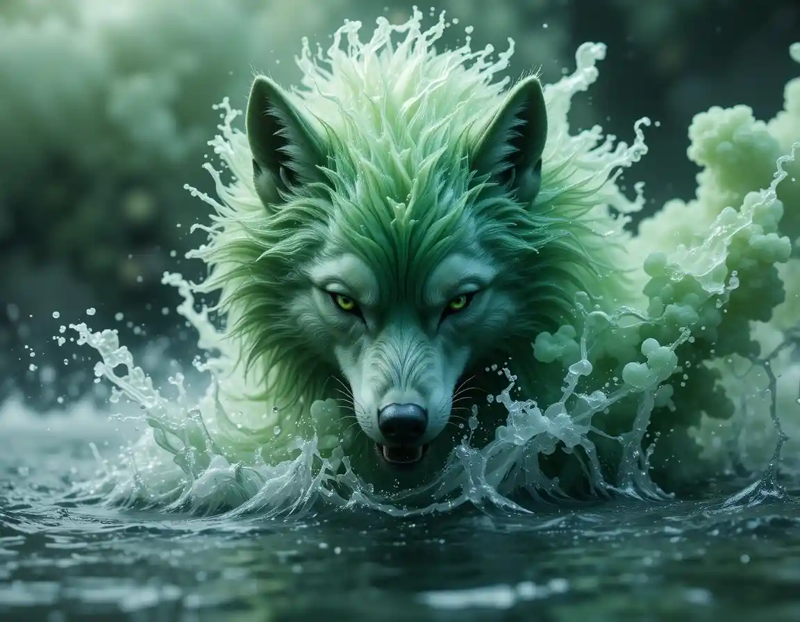Raging wolf formed from swirling water and steam