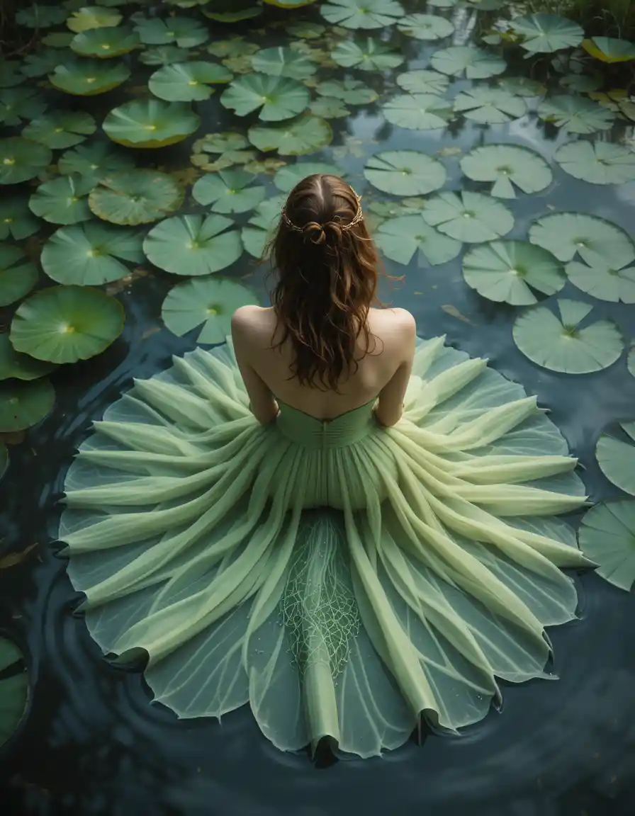 Woman in lily pad dress sitting in tranquil pond